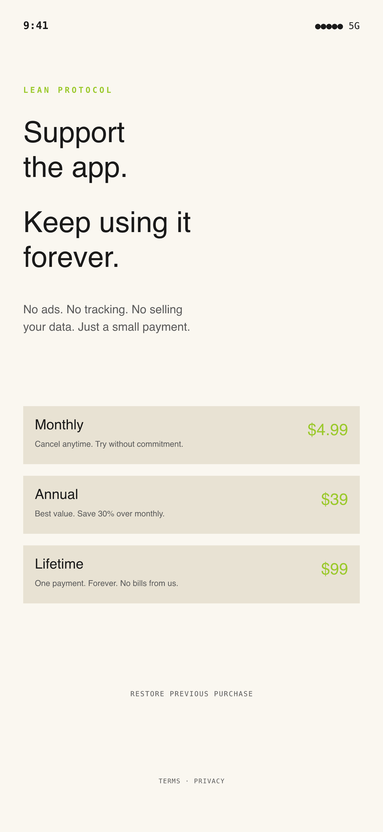 The Lean Protocol membership screen showing the monthly and annual prices